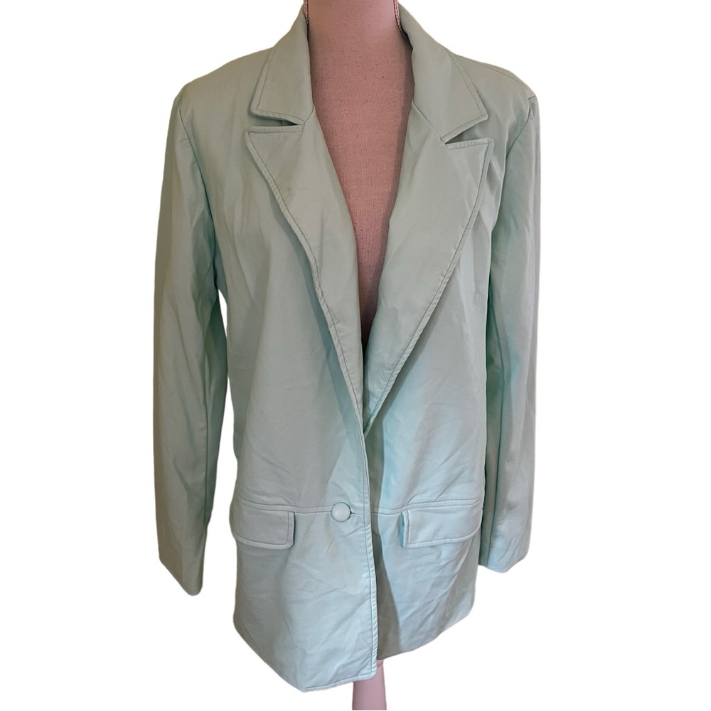 Anthropologie Hutch Pastel Aqua One Button Faux Leather Blazer 1X LIKE NEW